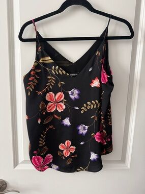 Express Black Floral V-Neck Cami with Pink & Purple Blooms